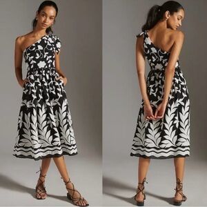 Anthropologie One Shoulder Embroidered Black White Floral Midi Dress Size 0